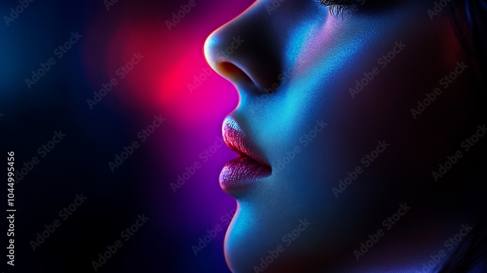 Close-up of a woman's face illuminated with blue and pink light. Close-up of a woman's face illuminated with blue and pink light.