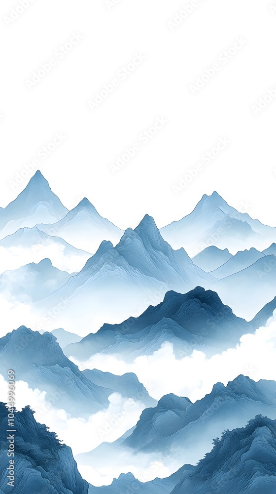 Illustration of blue mountains in the fog, vector art, white background, flat design Illustration of blue mountains in the fog, vector art, white background, flat design