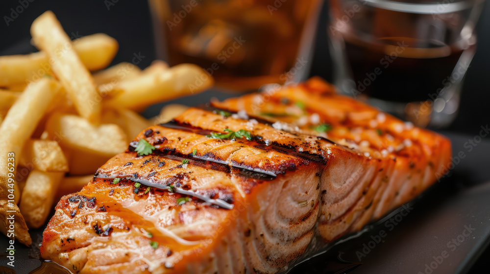 Delicious grilled salmon served with crispy French fries and dipping sauce, perfect for satisfying meal. Enjoy rich flavors and textures in this appetizing dish Delicious grilled salmon served with crispy French fries and dipping sauce, perfect for satisfying meal. Enjoy rich flavors and textures in this appetizing dish