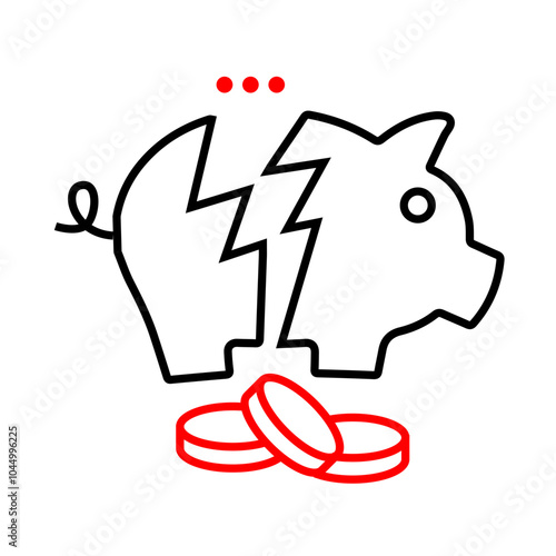 Financial Crisis Icon – Broken Piggy Bank with Coins Falling Out, Signifying Economic Hardship