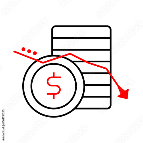 Cost Reduction Icon – Downward Arrow Cutting Through a Stack of Coins, Signifying Decreased Expenses