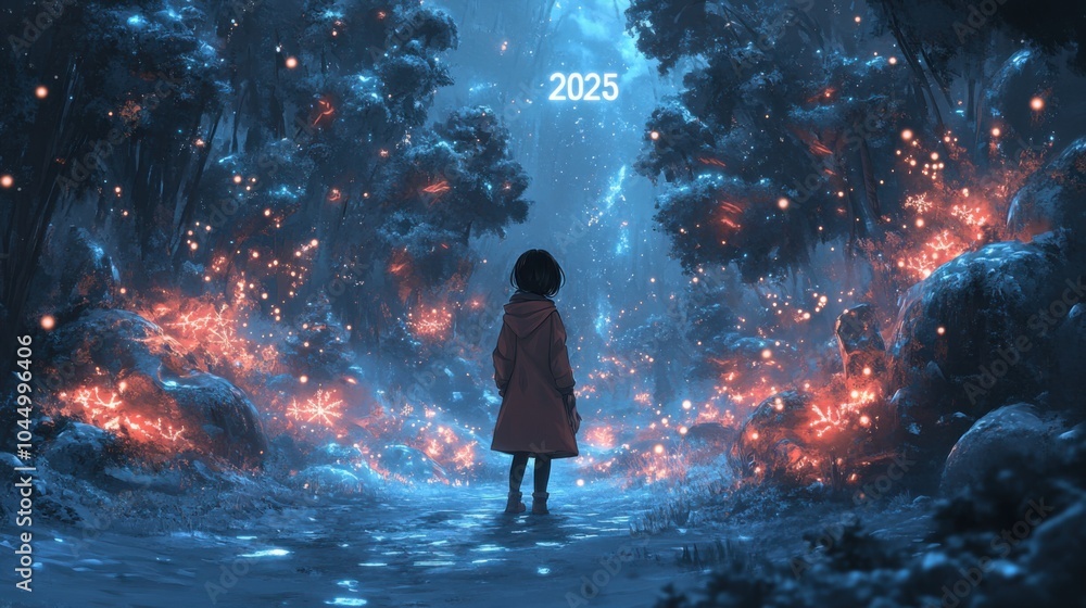 Fototapeta premium Anime scene of a girl standing in a snowy forest with fire, 2025