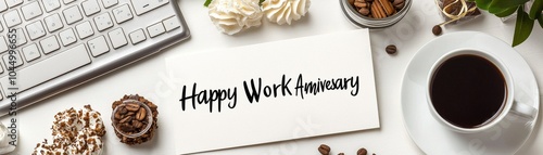 A cozy workspace featuring a coffee cup, treats, and a keyboard with a handwritten note saying 