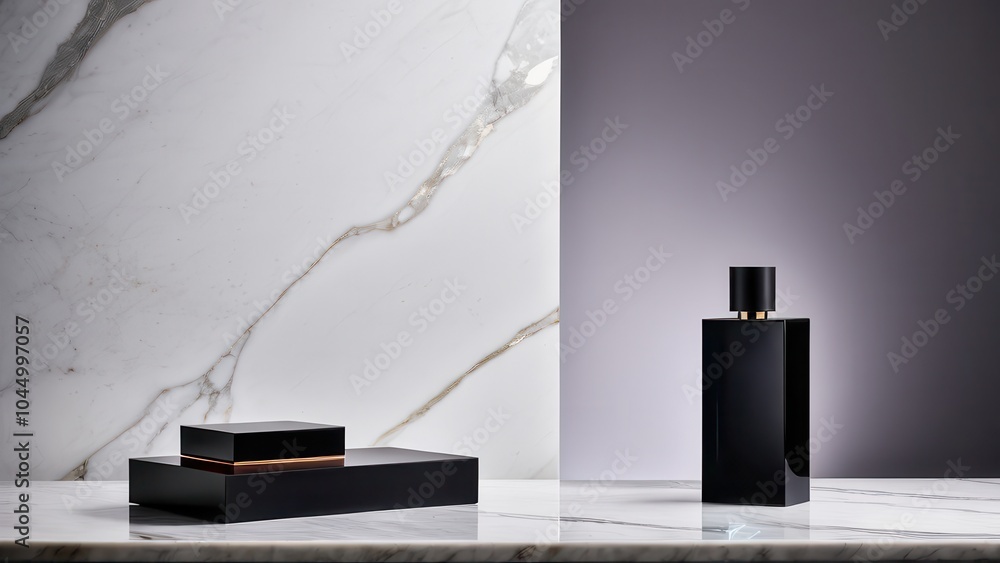 Fototapeta premium Sleek black perfume bottle with gold accents, resting on a marble surface, evoking luxury, elegance, and modern sophistication.