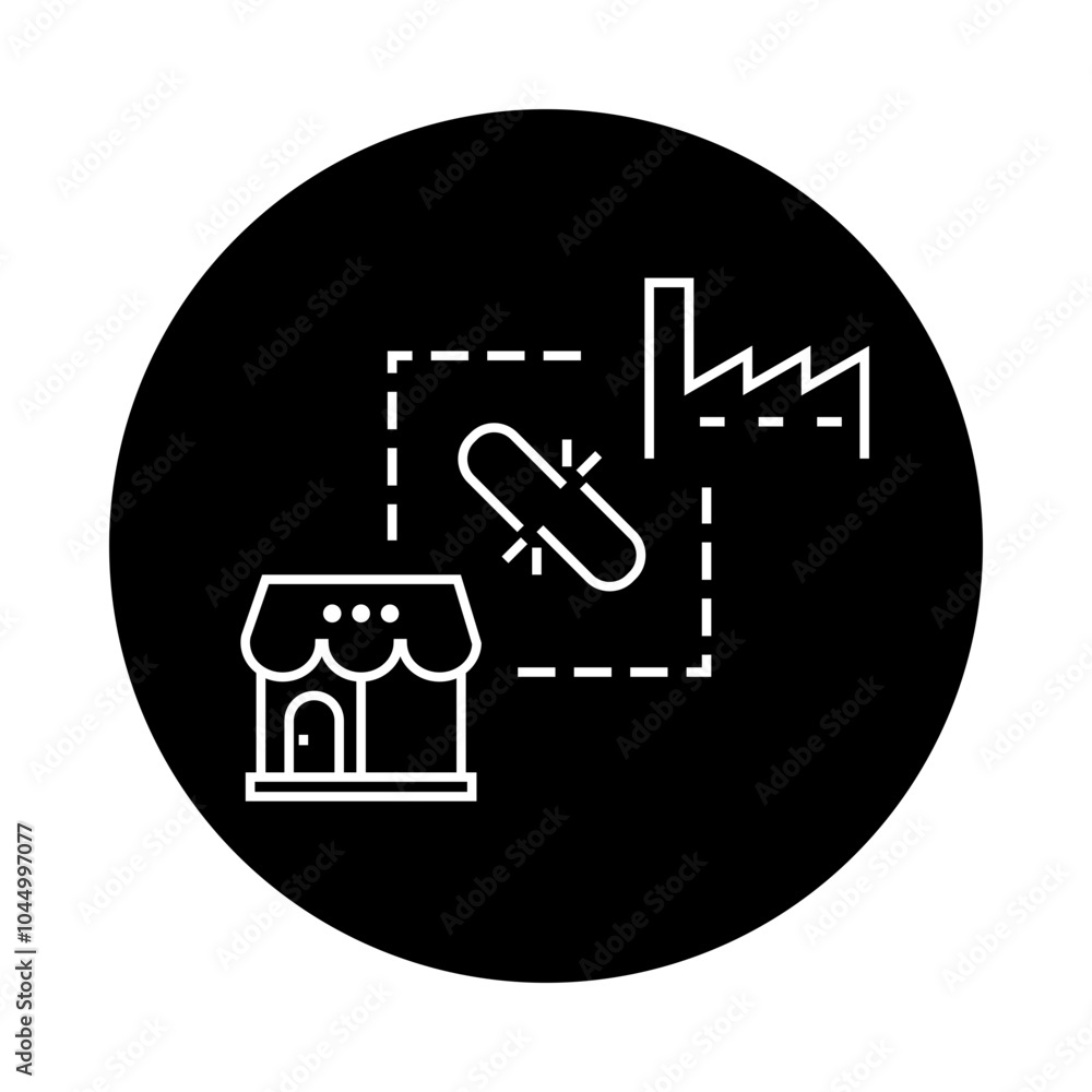 Supply Chain Disruption Icon – Broken Chain Link Between Factory and Store Icons, Indicating Interruption in Goods Flow Supply Chain Disruption Icon – Broken Chain Link Between Factory and Store Icons, Indicating Interruption in Goods Flow