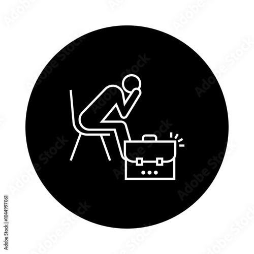 Unemployment Icon – Silhouette of a Person Sitting with Head Down Next to a Briefcase, Representing Job Loss