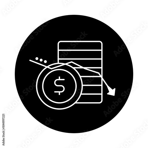 Cost Reduction Icon – Downward Arrow Cutting Through a Stack of Coins, Signifying Decreased Expenses