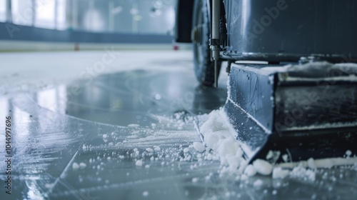 The zamboni machine resurfacing the ice and leaving behind a smooth and flawless surface. photo