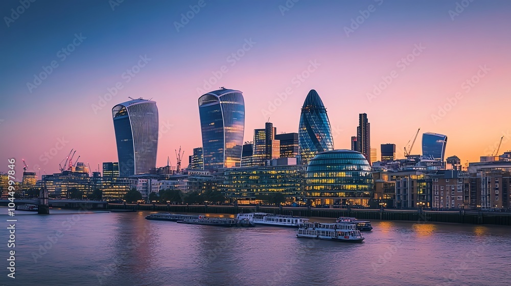 Obraz premium A panoramic view of London's skyline at dusk, with the city's iconic skyscrapers illuminated against a vibrant purple sky.