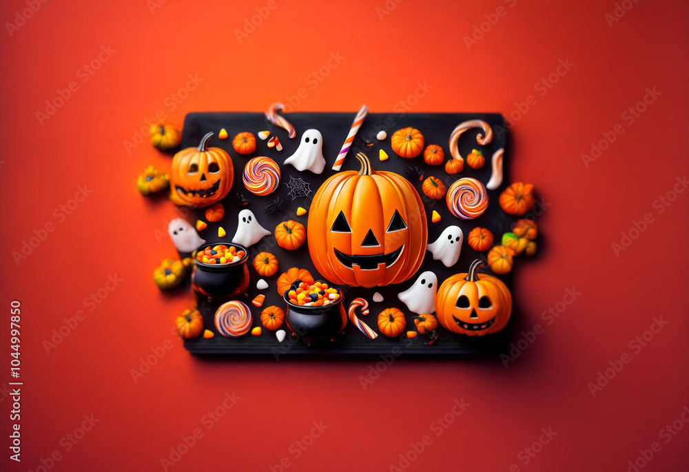 Fototapeta premium A festive Halloween arrangement featuring jack-o-lanterns, candy, ghosts, and a cauldron on a black slate against a vibrant red background.