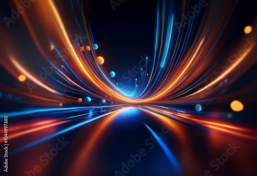 Abstract light streaks in blue and orange converge in the center of a dark background.