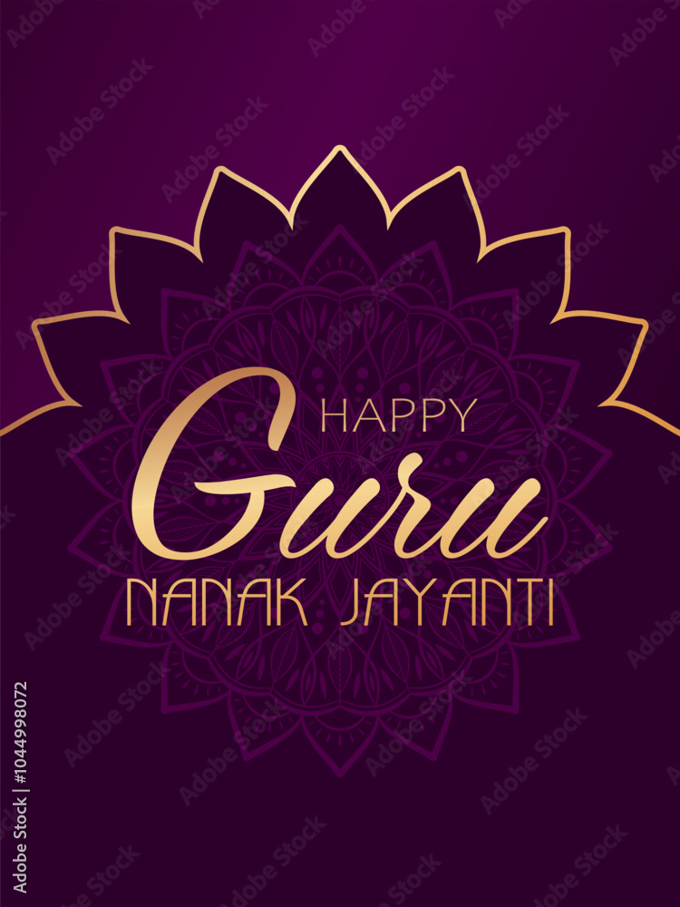 Golden text Happy Guru Nanak Jayanti on purple background with floral frame. Elegant festive design for greeting card, banner or poster for birthday of Guru Nanak Gurpurab. Golden text Happy Guru Nanak Jayanti on purple background with floral frame. Elegant festive design for greeting card, banner or poster for birthday of Guru Nanak Gurpurab.
