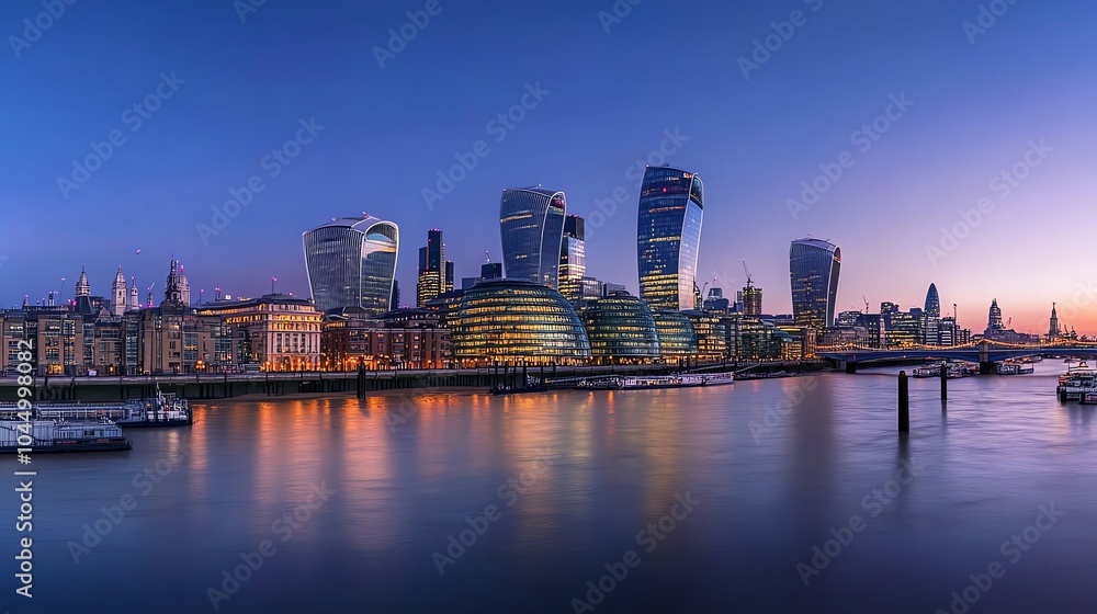 A panoramic view of London's skyline at twilight, with the city's iconic skyscrapers illuminated against a vibrant purple sky. A panoramic view of London's skyline at twilight, with the city's iconic skyscrapers illuminated against a vibrant purple sky.