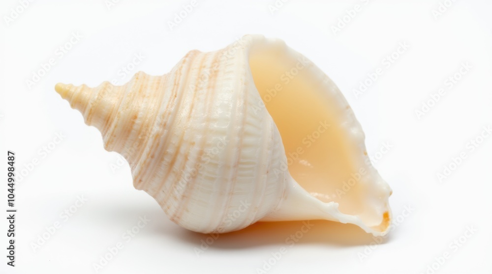 A large conical seashell with a perfectly spiraled structure, placed on a white background; the smooth surface highlights its natural beauty. A large conical seashell with a perfectly spiraled structure, placed on a white background; the smooth surface highlights its natural beauty.