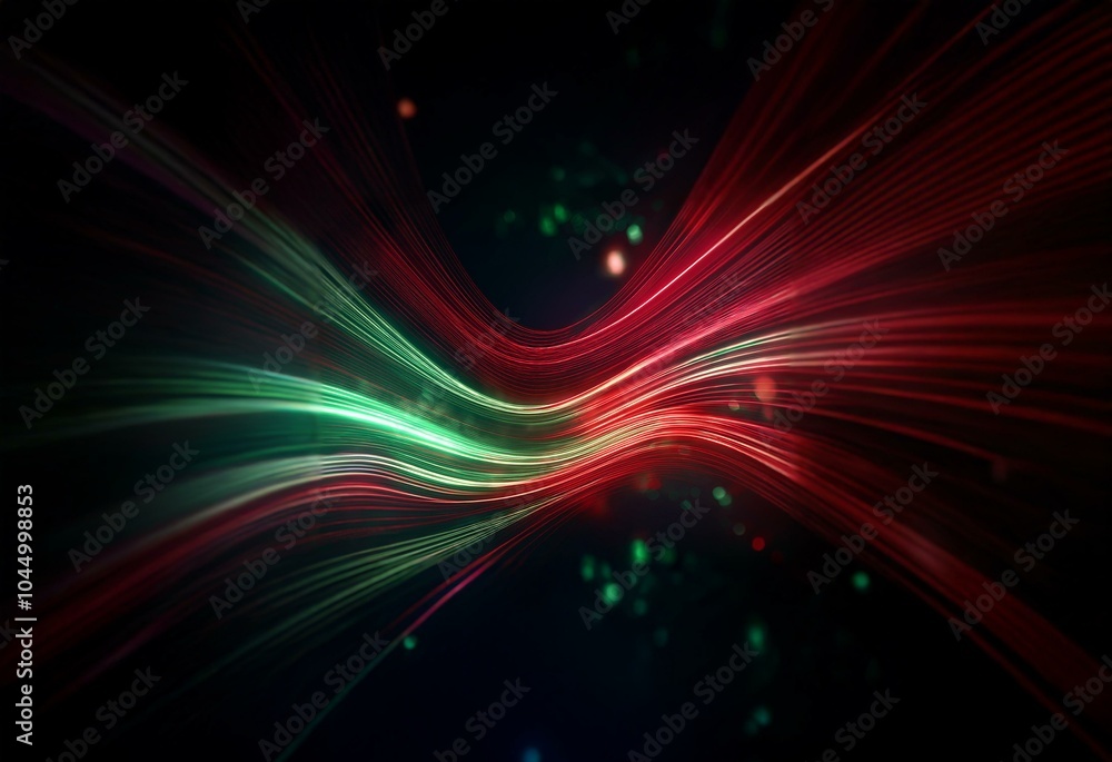 Abstract digital art with red and green glowing lines and bokeh effect. Abstract digital art with red and green glowing lines and bokeh effect.