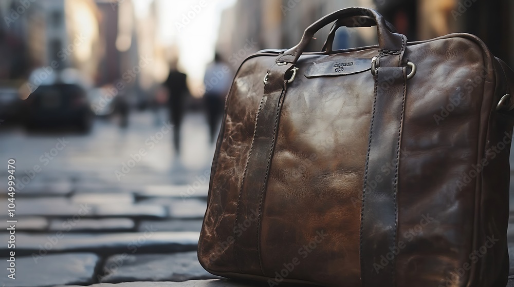 A dramatic close-up of a worn leather travel bag sitting on a cobblestone street A dramatic close-up of a worn leather travel bag sitting on a cobblestone street
