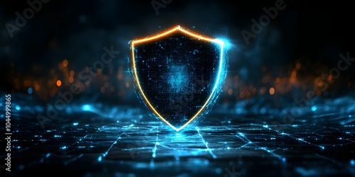 A glowing shield icon standing as a symbol of cybersecurity resilience in the middle of a dark digital landscape.