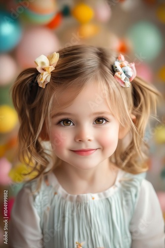 A little girl with two flower hair clips in her hair