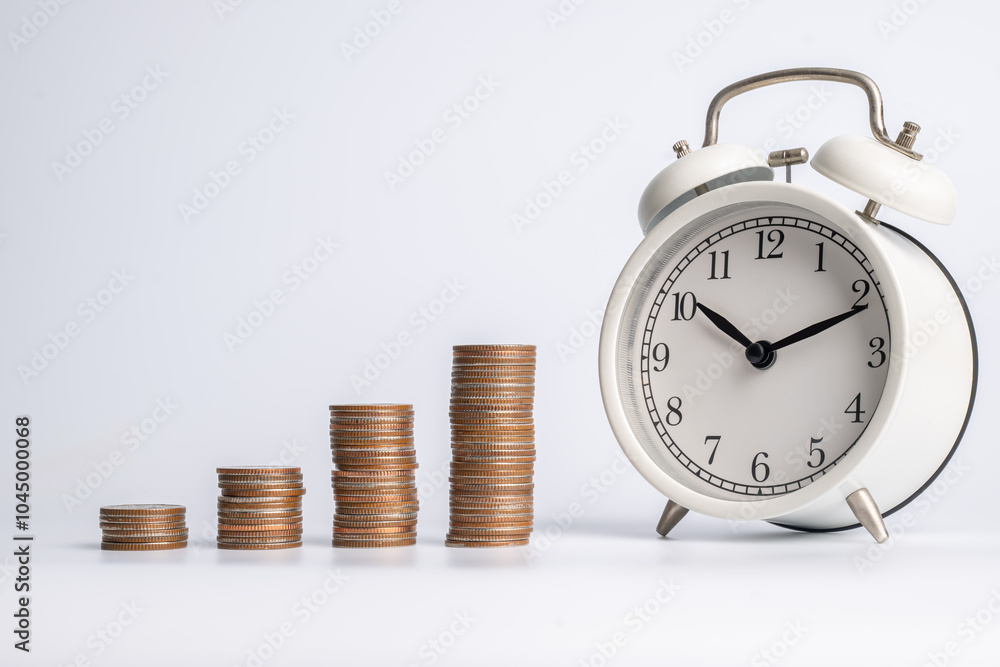 saving money and financial investment concept. coins stacking with white clock. saving money and financial investment concept. coins stacking with white clock.
