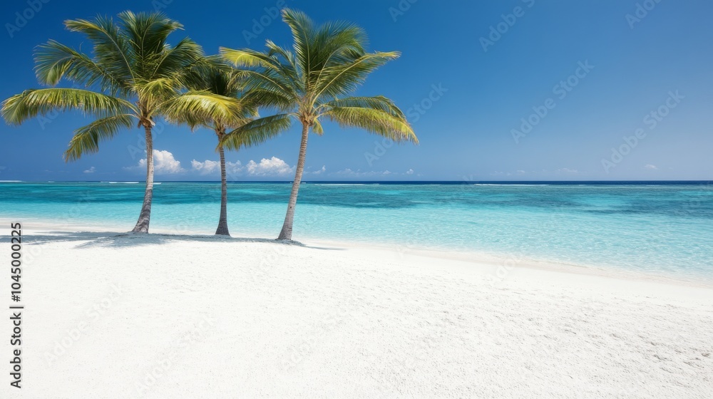 Fototapeta premium A serene beach scene featuring palm trees, soft white sand, and clear turquoise waters under a bright blue sky.