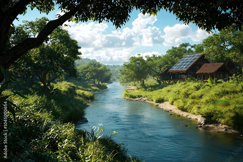 Serene River Landscape with Eco-Friendly House Surrounded by Lush Greenery and Blue Sky Serene River Landscape with Eco-Friendly House Surrounded by Lush Greenery and Blue Sky