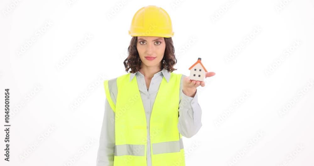 Woman engineer holds miniature house on palm and key in hand. Female construction worker with brunette hair wears reflective vest with hardhat Woman engineer holds miniature house on palm and key in hand. Female construction worker with brunette hair wears reflective vest with hardhat