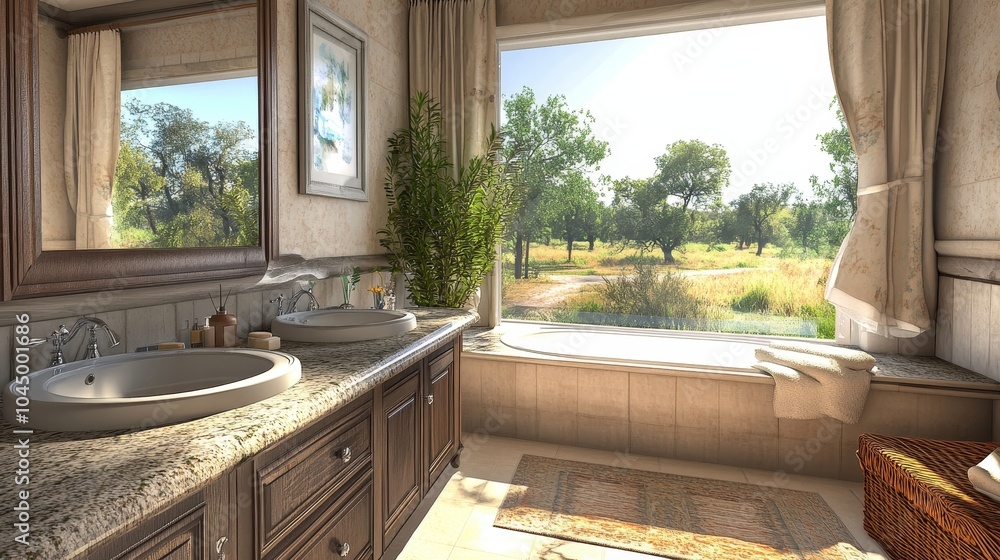Fototapeta premium Modern Bathroom with Forest View Render：Luxurious Bathroom.Concept of luxurious bathroom design, natural light, forest view, relaxation, spa-like atmosphere, home construction inspiration.