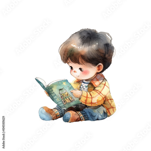 child reading comic book vector illustration in watercolor style