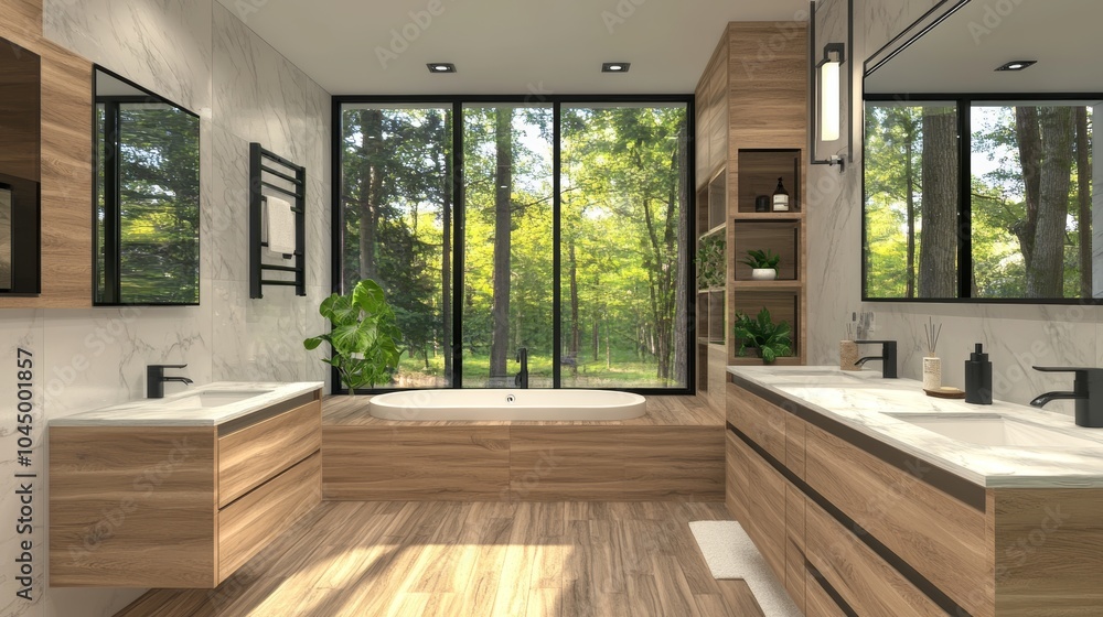 Modern Bathroom with Forest View Render:Luxurious Bathroom.Concept of luxurious bathroom design, natural light, forest view, relaxation, spa-like atmosphere, home construction inspiration. Modern Bathroom with Forest View Render:Luxurious Bathroom.Concept of luxurious bathroom design, natural light, forest view, relaxation, spa-like atmosphere, home construction inspiration.