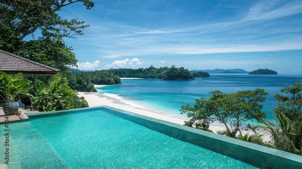 Fototapeta premium Infinity pool with a view of a white sand beach and turquoise ocean, symbolizing indulgence and luxury in a tropical paradise