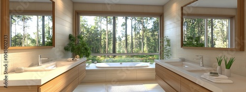 Modern Bathroom with Forest View Render：Luxurious Bathroom.Concept of luxurious bathroom design, natural light, forest view, relaxation, spa-like atmosphere, home construction inspiration.