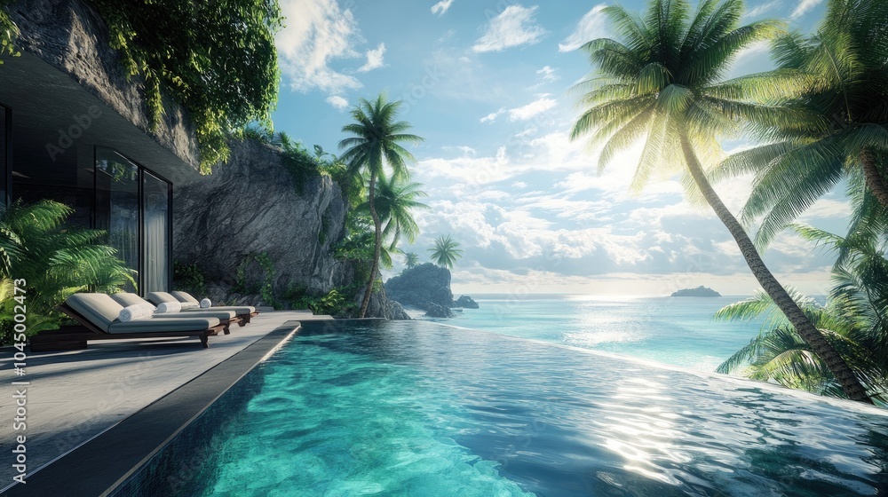 Fototapeta premium Infinity pool with stunning views of a tropical beach and palm trees, representing luxury and high-end relaxation