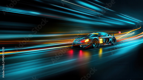 sleek sports car drifts through neon lit cityscape, showcasing vibrant light trails and dynamic motion effect. atmosphere is electric and exhilarating, capturing essence of speed and modernity