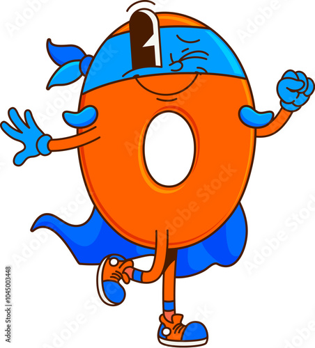 Cartoon groovy math number null zero superhero character. Isolated vector school numeral 0 vigilante personage with playful smiling face, winking eye and orange color, ready for educational kid games