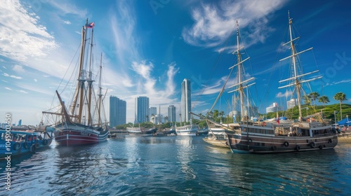 Tall Ships Docked in a City Harbor