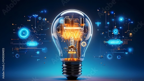 Futuristic light bulb with intricate blue and orange design, symbolizes innovation