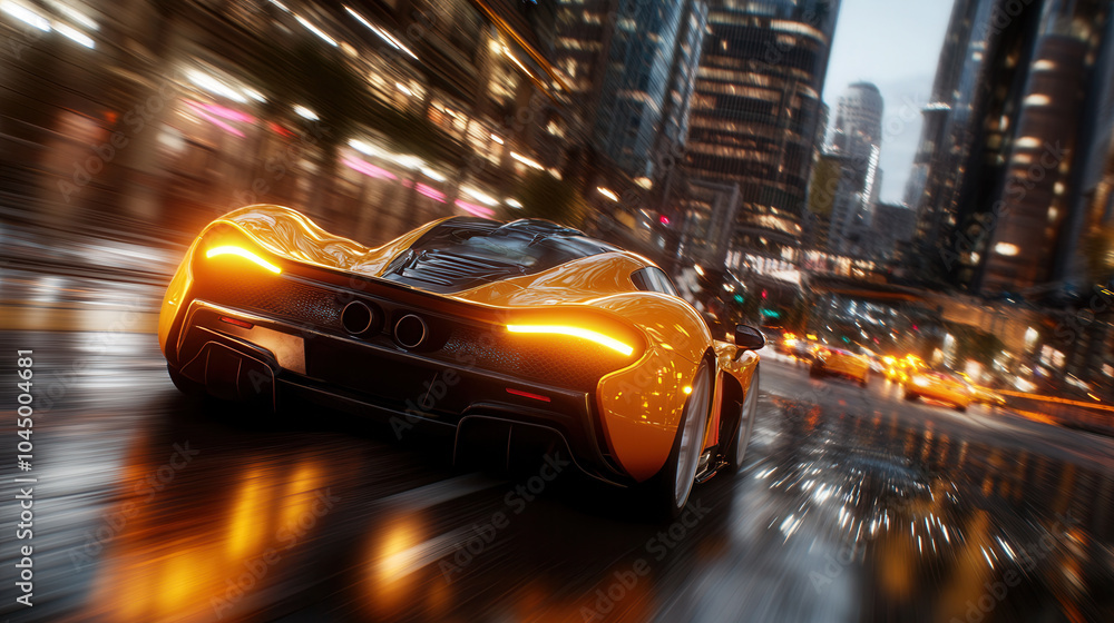 sleek sports car speeds through vibrant neon lit cityscape, showcasing its dynamic design and powerful presence. reflections on wet pavement enhance thrilling atmosphere sleek sports car speeds through vibrant neon lit cityscape, showcasing its dynamic design and powerful presence. reflections on wet pavement enhance thrilling atmosphere
