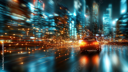 car sliding through neon lit cityscape creates dynamic and vibrant scene filled with motion and energy. bright lights and reflections enhance urban atmosphere