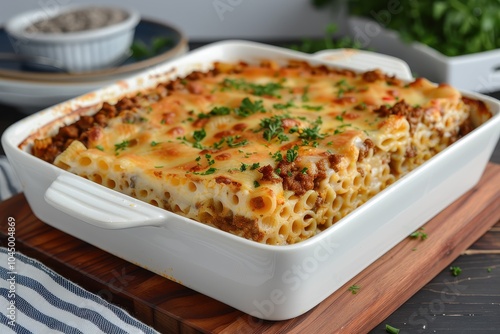 A dish of pastitsio, a Greek pasta bake with layers of pasta, ground meat, and bechamel sauce, topped with grated cheese