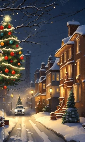 雪の降り積もった街のクリスマスの夜