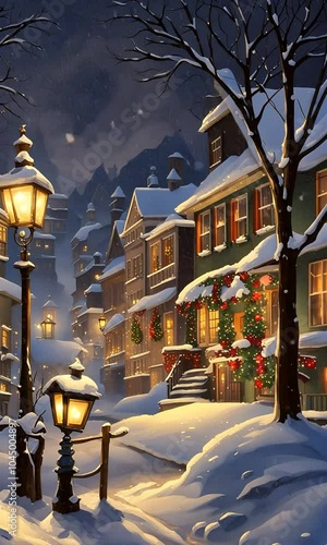 雪の降り積もった街のクリスマスの夜