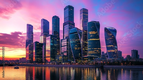 A city skyline at dusk with vibrant pink and orange sky.