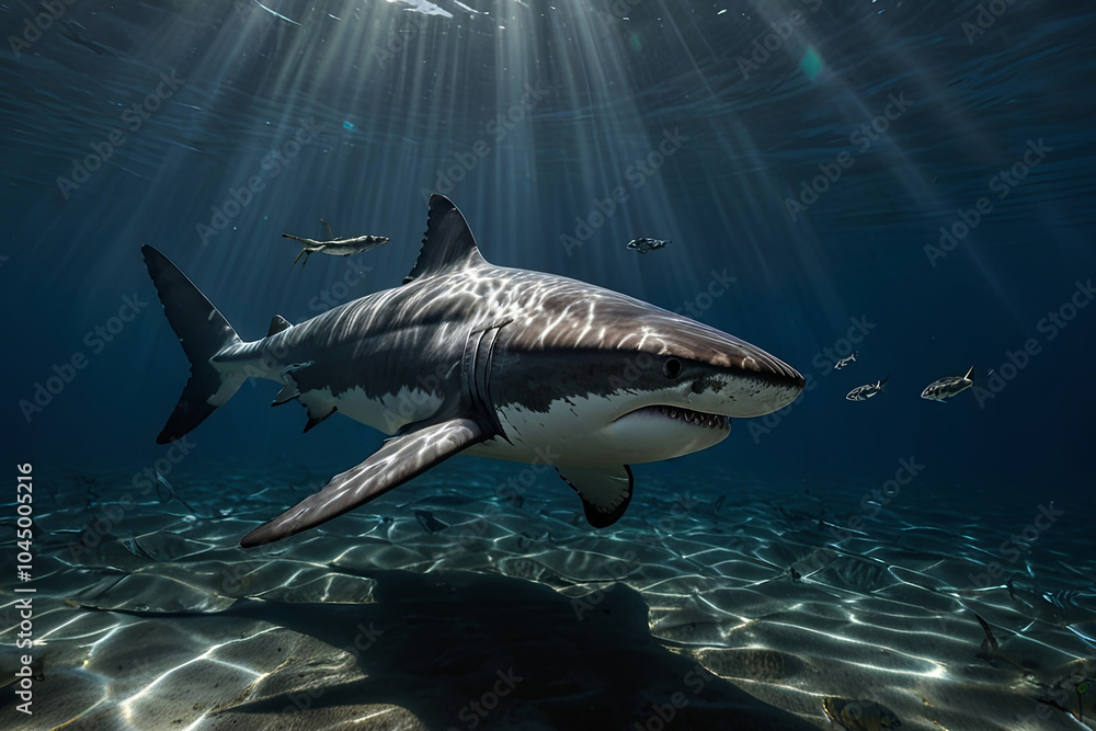 Fototapeta premium Majestic Great White Shark Gliding Through Deep Blue Waters