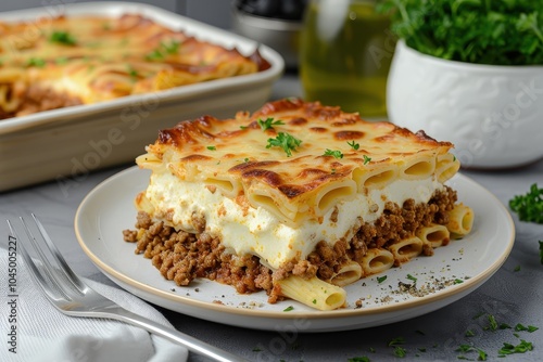 A dish of pastitsio, a Greek pasta bake with layers of pasta, ground meat, and bechamel sauce, topped with grated cheese