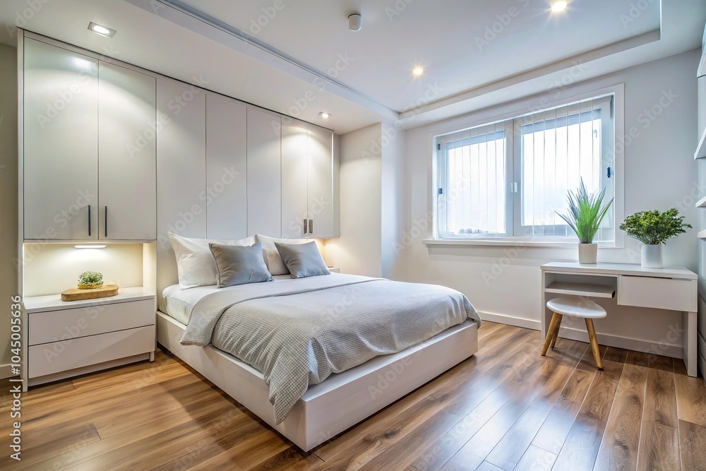Close-Up Sleek Small Bedroom in Spacious House with White Minimalistic Decor Close-Up Sleek Small Bedroom in Spacious House with White Minimalistic Decor