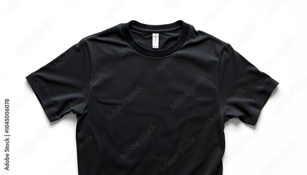 Stylish black t-shirt on white background, top view isolated with white highlights, png Stylish black t-shirt on white background, top view isolated with white highlights, png
