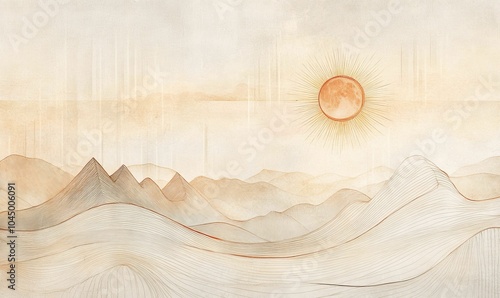 Striped abstract mountains and sun.