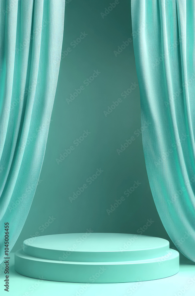 Tranquil 3D Rendered Podium with Soft Aqua Curtains for a Relaxing Environment Tranquil 3D Rendered Podium with Soft Aqua Curtains for a Relaxing Environment