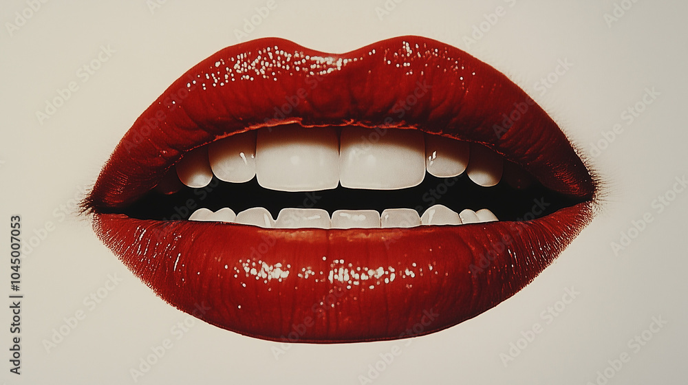 Obraz premium Red Glossy Lips With White Teeth Realistic Close-Up Photography