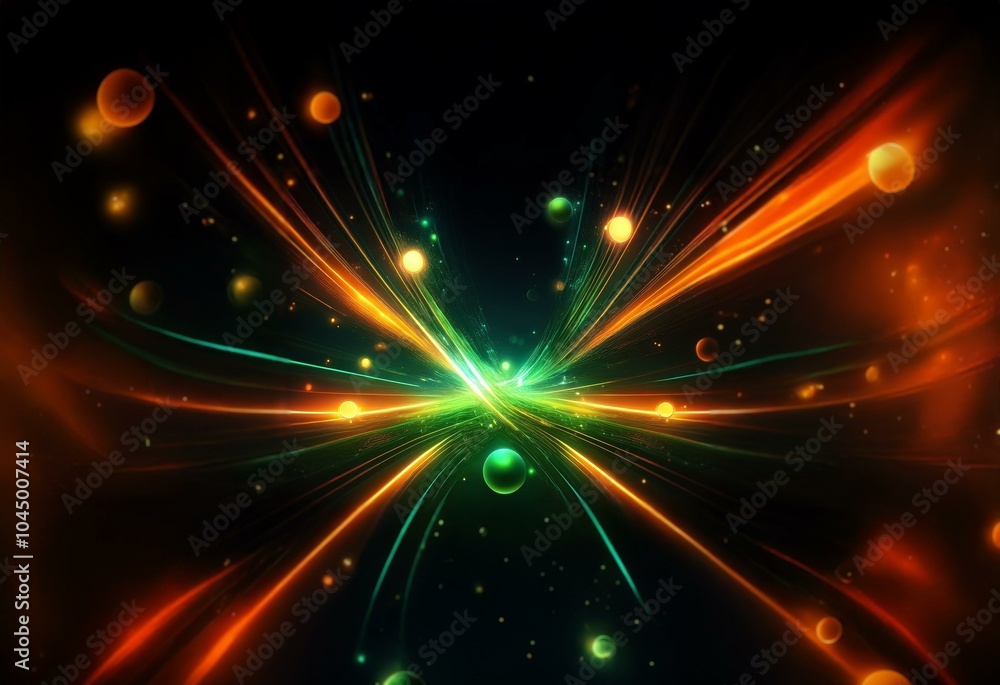 A burst of orange and green lights expand through space. A burst of orange and green lights expand through space.